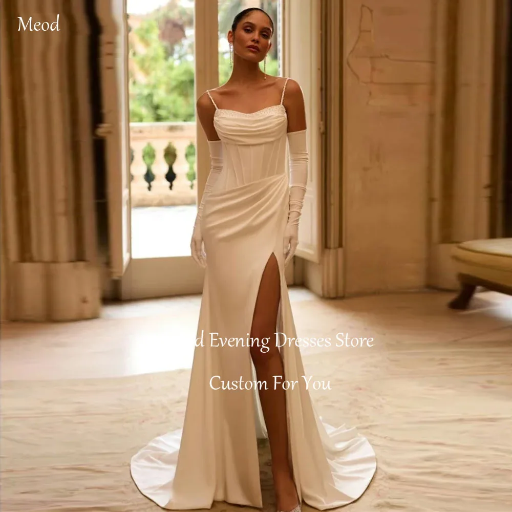 

MEOD Short Train Spaghetti Straps Women‘s Wedding Dress Strapless High Slit Vestido Noiva Satin Mermaid Wedding Gown Customized