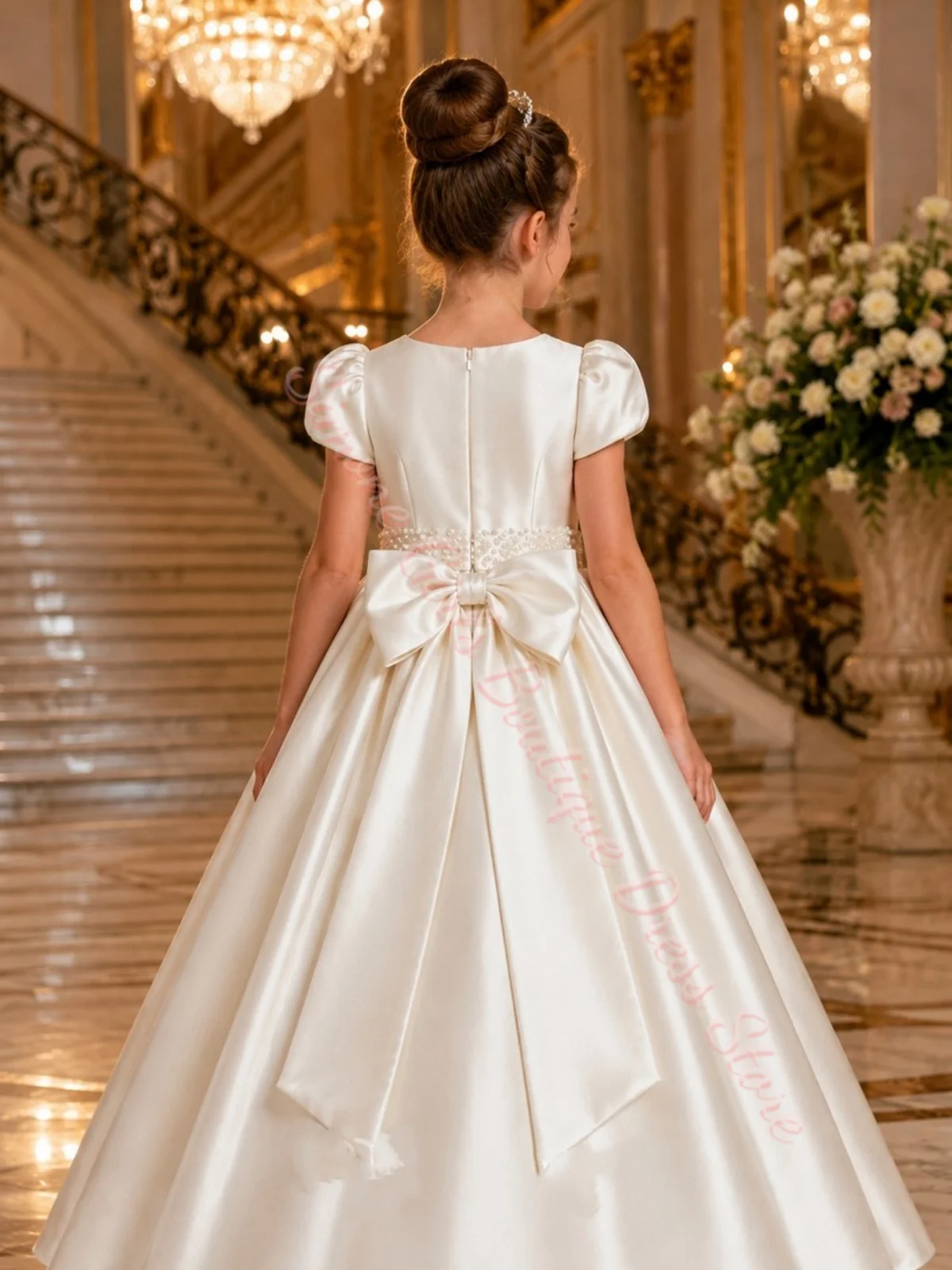 Großhandel Blumenmädchenkleid für Hochzeit, Satin, Perlenbesetzte Kurze Ärmel mit Schleife, Prinzessinnenkleid für Geburtstagsfeier, Erstkommunion, Maßanfertigung – Detail 2