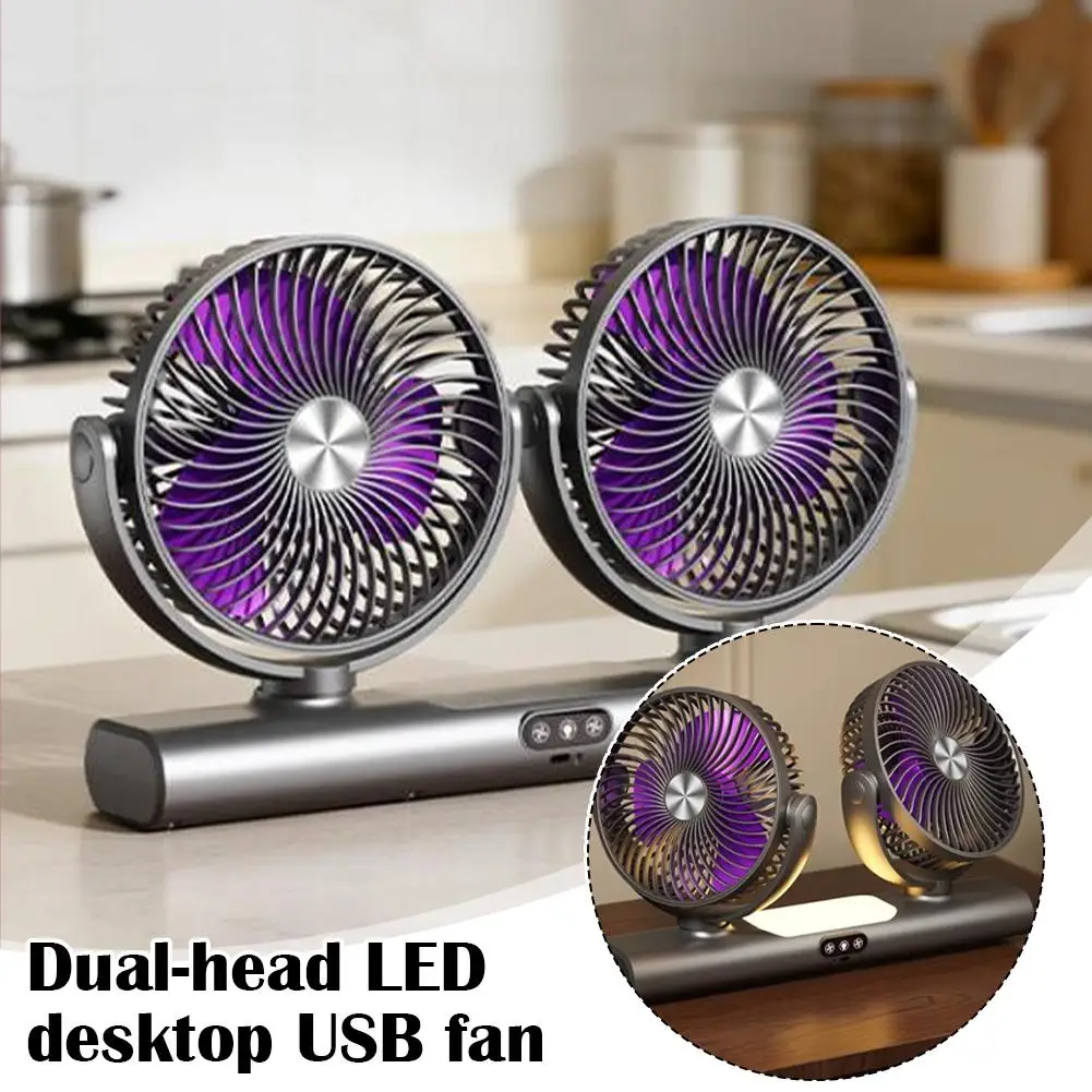 

Новый стиль 2026: Настольный вентилятор с двумя головками, LED-подсветкой, питанием от USB и мощным обдувом