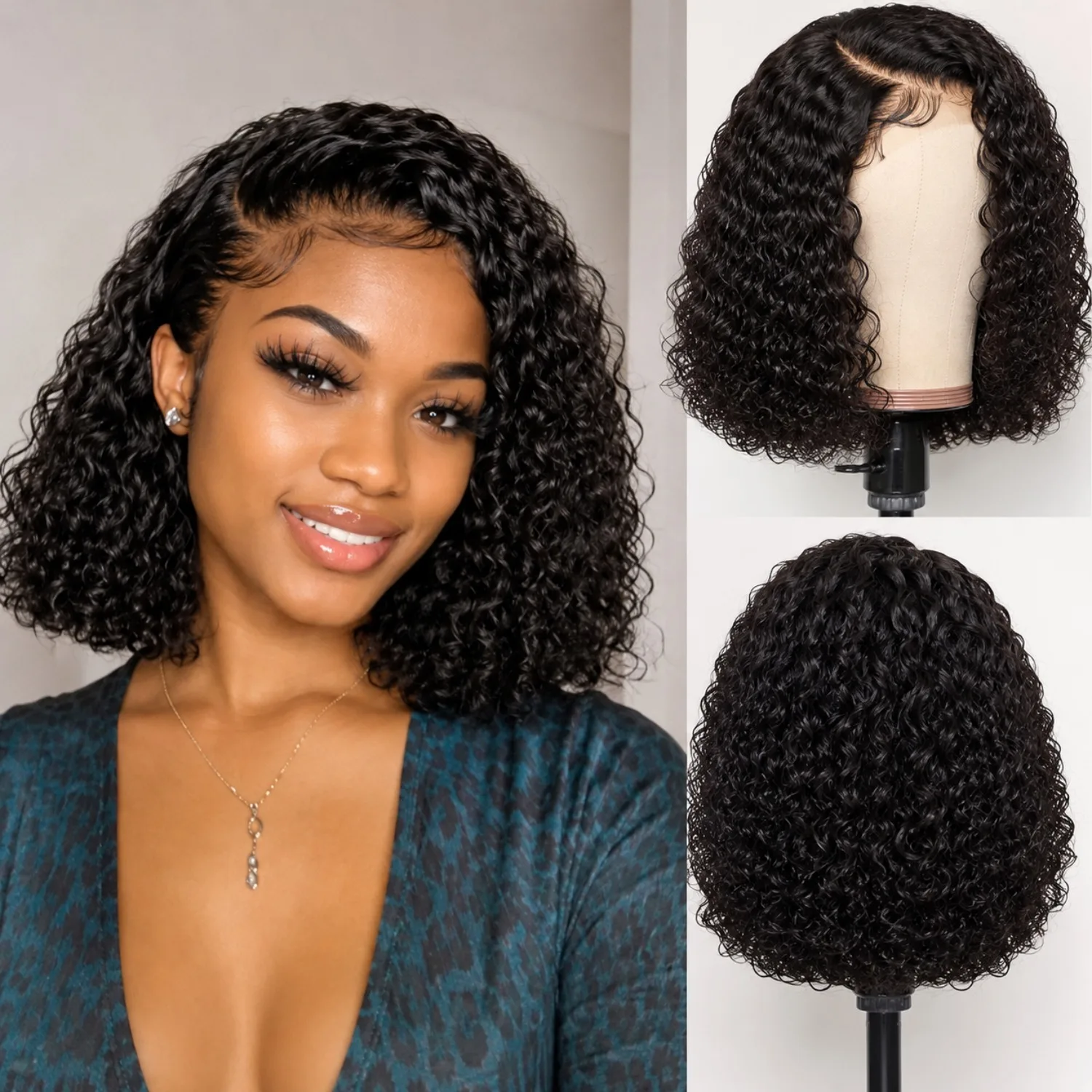 Short Curly Bob Wig for Black Women, Kinky Curly Synthetic Hair Wig, Natural Black Glueless Bob, Coily Curls Hairstyle