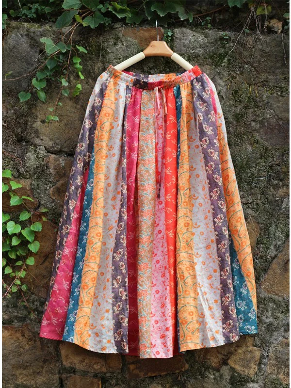 

Retro Ethnic Print ter Ne Dr Women's plus Size n Sle Double Layer Beach Holiday Skirt Summer Cotton Pol...