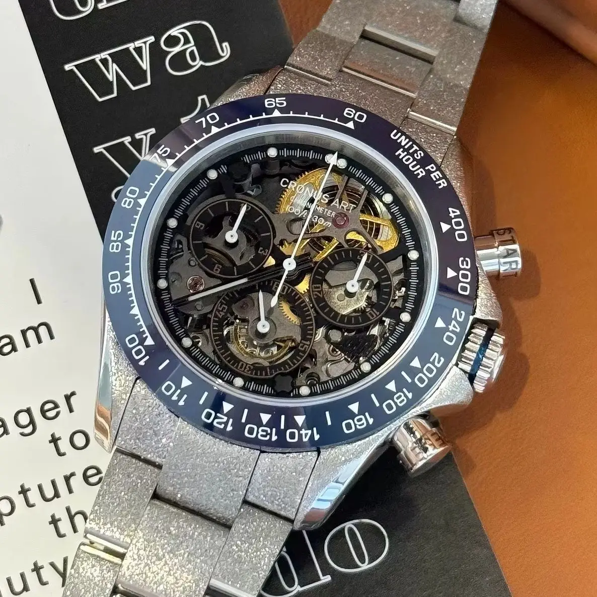 CRONUSART Men Chronograph Watch 40mm Automatic Mechanical Wristwatch Sapphire Mirror Skeleton Dial Luminous Ceramic Bezel