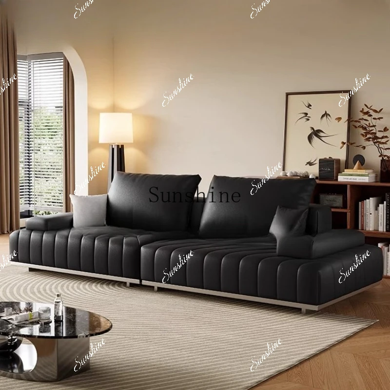 Living room Italian minimalist black leather straight row leather sofa small apartmentH