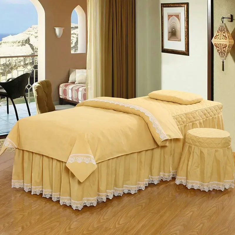Lace Edged 4pcs Beauty Salon Bedding Sets Massage Bed Cover Spa Bedskirt, Pillowcase, StoolCover, Dulvet Cover Beauty Bed Covers