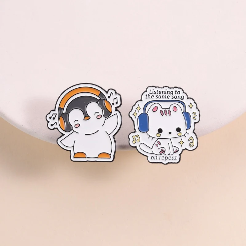 Music Lover Enamel Pins Cartoon Cat Penguin Headphone Brooches Lapel Badge Cute Sweet Animal Jewelry Gift for Friends