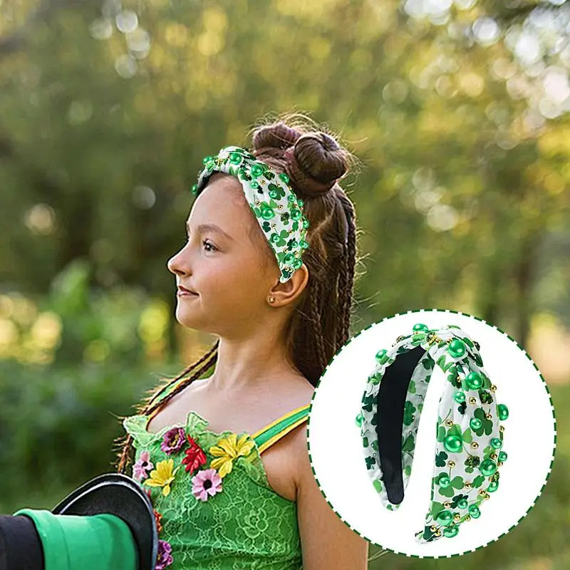 

Повязка на голову с блестящим узлом в виде трилистника на день Святого Патрика, зеленая повязка на голову со стразами, украшенная кристаллами, аксессуар для волос