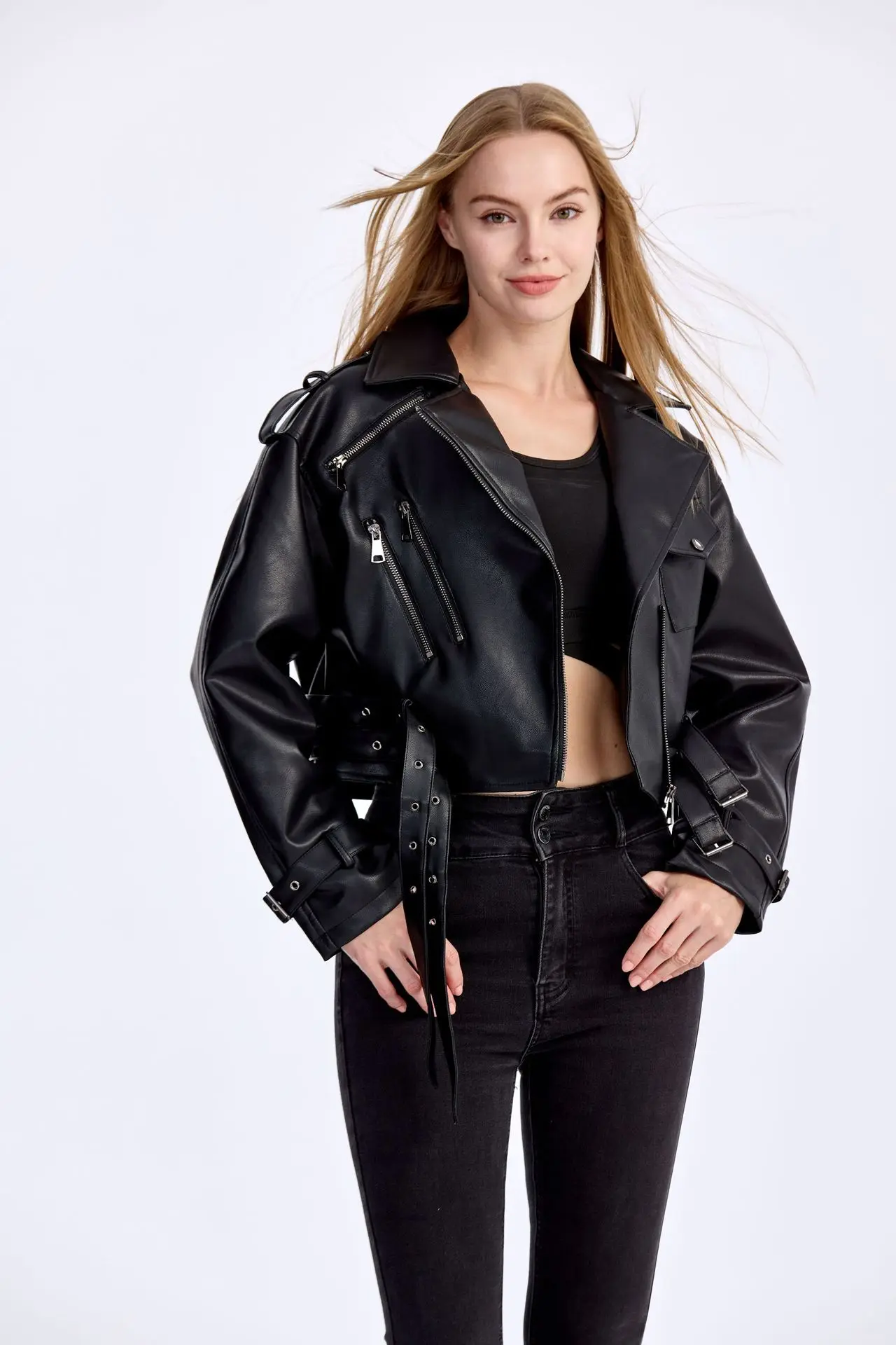 Autumn and winter women's PU leather jacket, high-end short style lapel jacket, zipper decoration, slim fit motorcycle suit