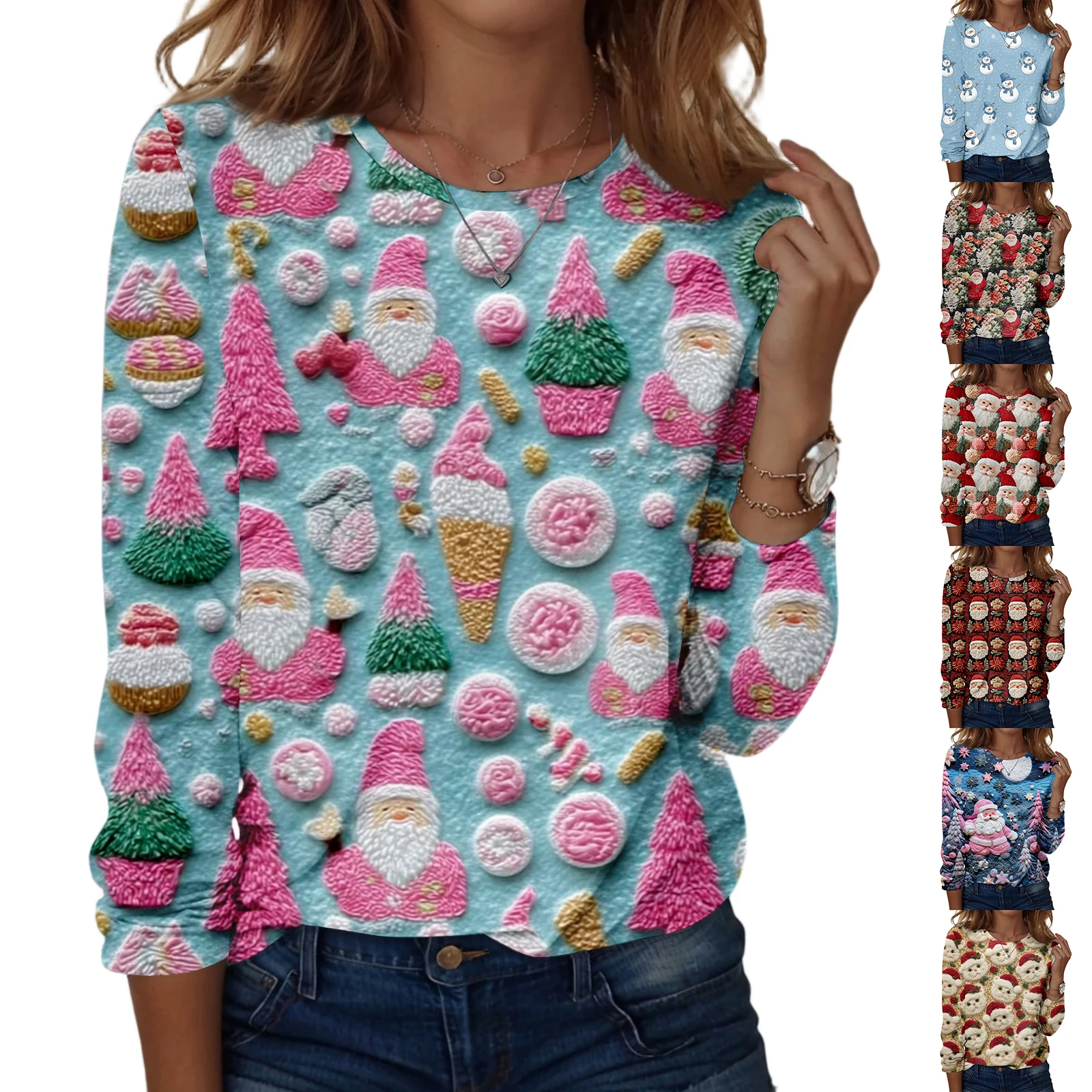 Pullover natalizio da donna alla moda, casual, a maniche lunghe, con stampa di albero di Natale, comodo girocollo