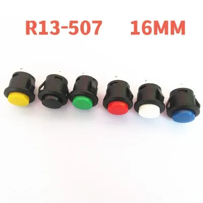 6pcs Momentary Push Button Switch 16mm Momentary 6A/125VAC 3A/250VAC Round Switches R13-507 BLACK RED GREEN WHITE BLUE YELLOW