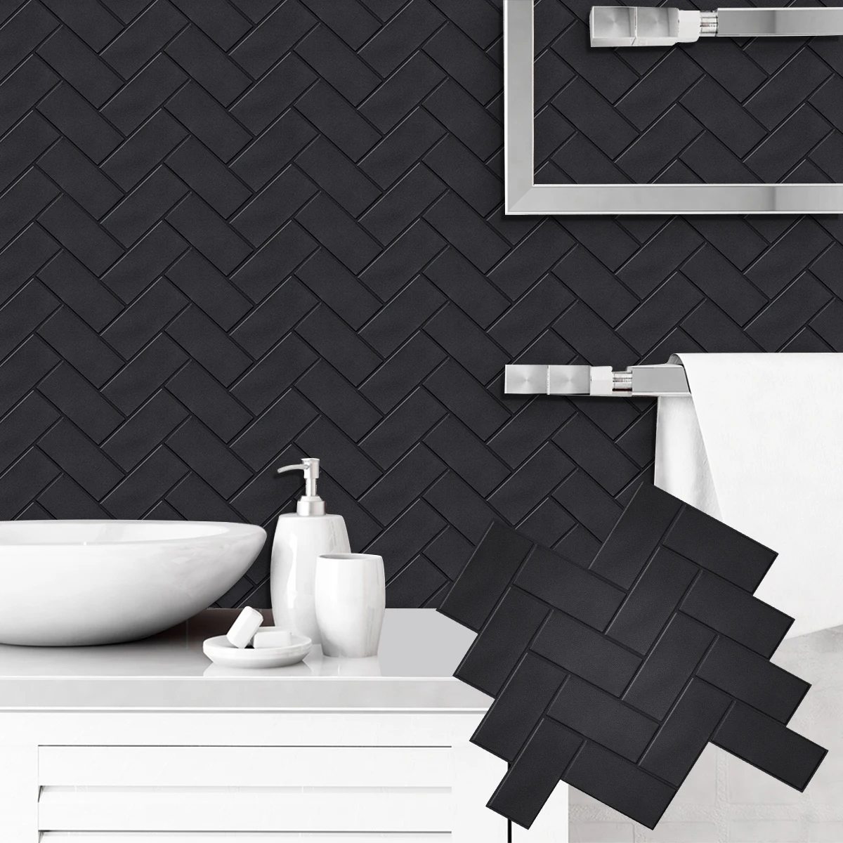 10 Sheets Herringbone 3d Wall Tile Stickers Strong Adhesive Kitchen Vinyl Wallpaper Widely Used For Home Decoration