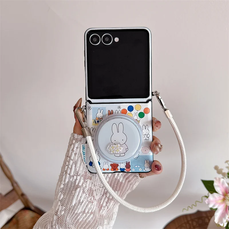 

Kawaii Cartoon Miffy Magnetic Phone Case For Samsung Galaxy Z Flip 7 6 5 Flip5 Flip6 Flip7 Cases with For Magsafe Stand Chain