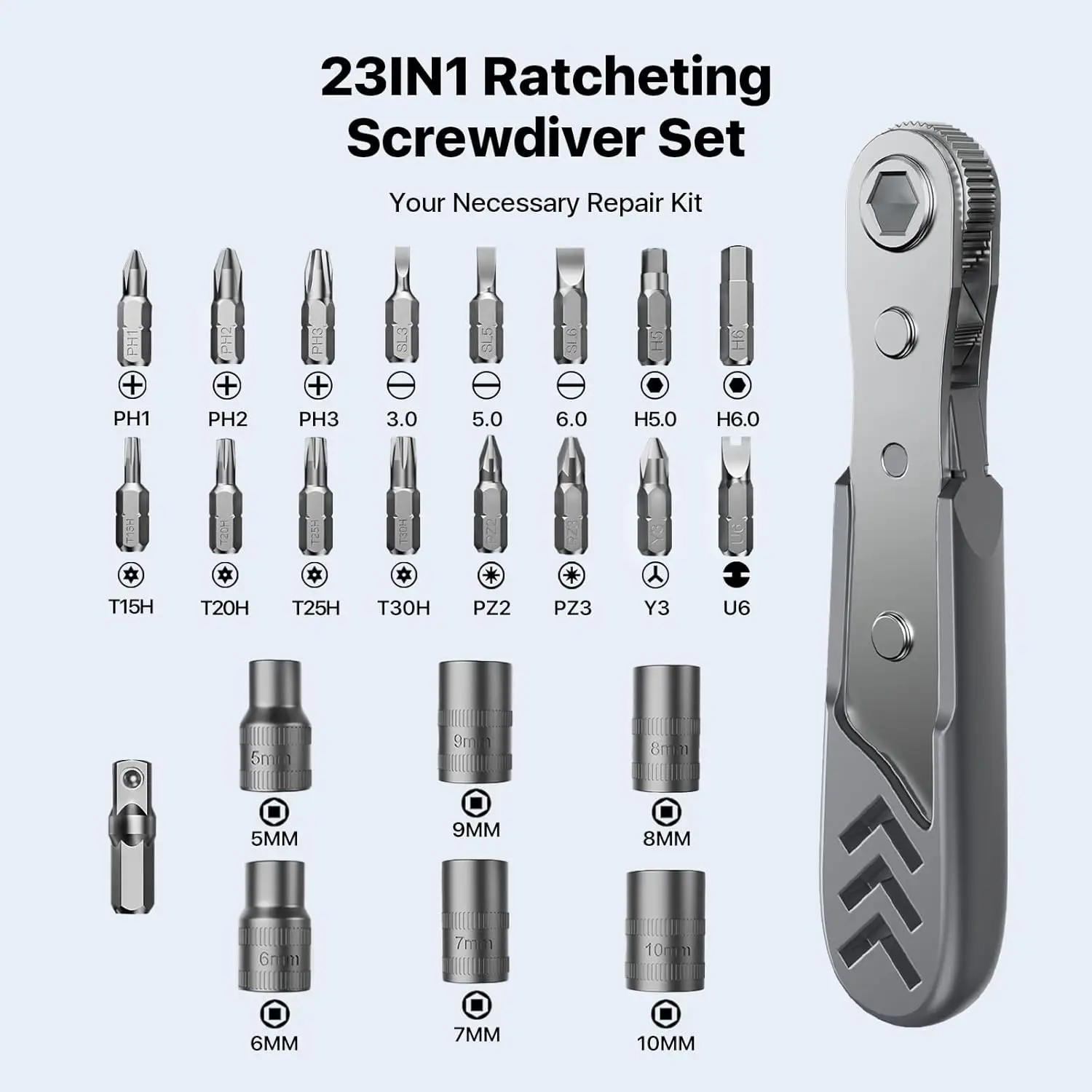 Set Obeng Ratchet Sudut Kanan 23-in-1, Kunci Ratchet Mini 36-Gigi, Alat Perbaikan Obeng Offset Magnetik