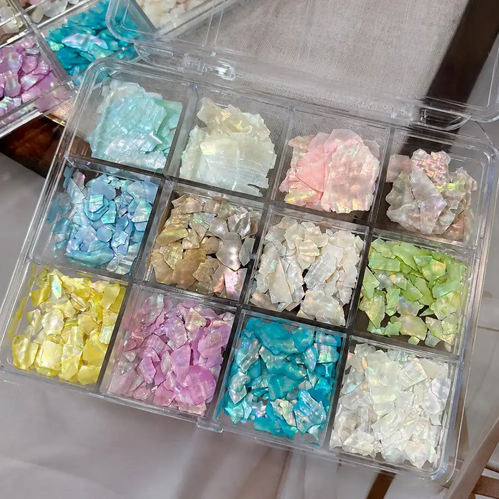 1Box 3D Iridescent Seashell Slices Summer Nail Charms Aurora Abalone Fragment Nails Art Decoration DIY Beach Manicure Accessory