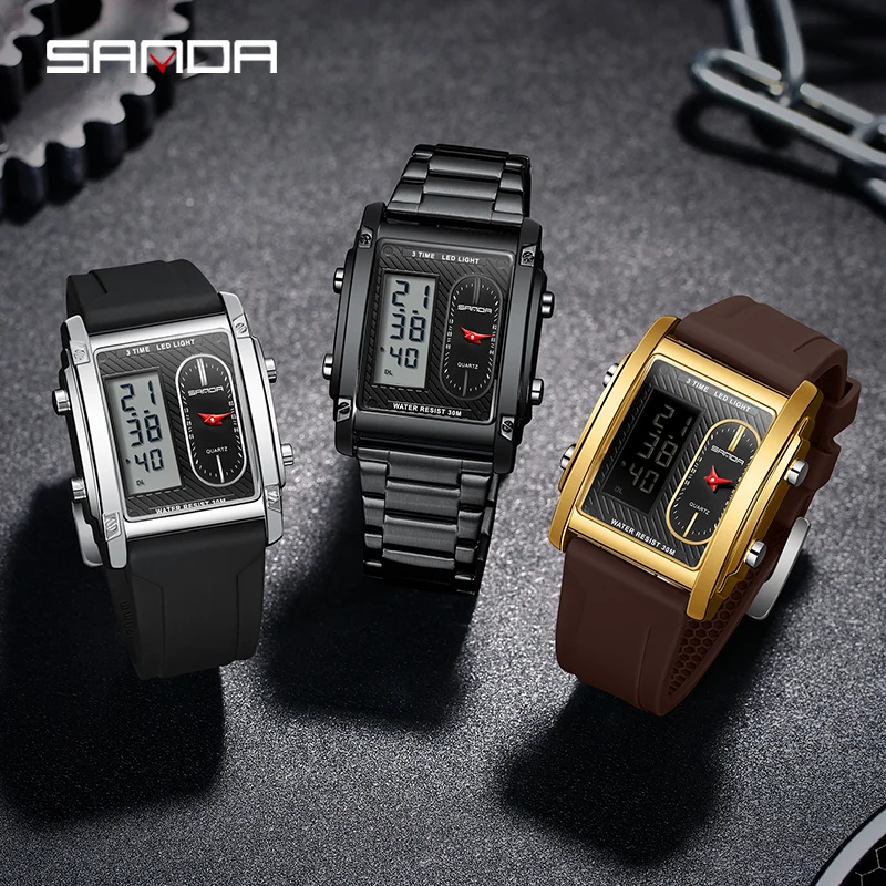 SANDA Luxury Business Men Watches Square Stainless Steel Quartz Wristwatch LED Luminous Digital Sport Clock Relogio Masculino