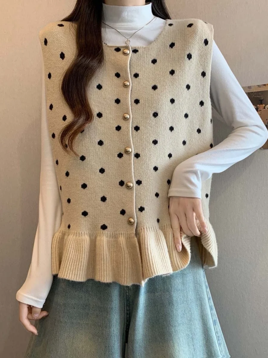 Red Polka Dot Knitted Open Cardigan Vest Women's Layering Spring Autumn plus Size Fluffy Sleeve Top Elegant Commute Style