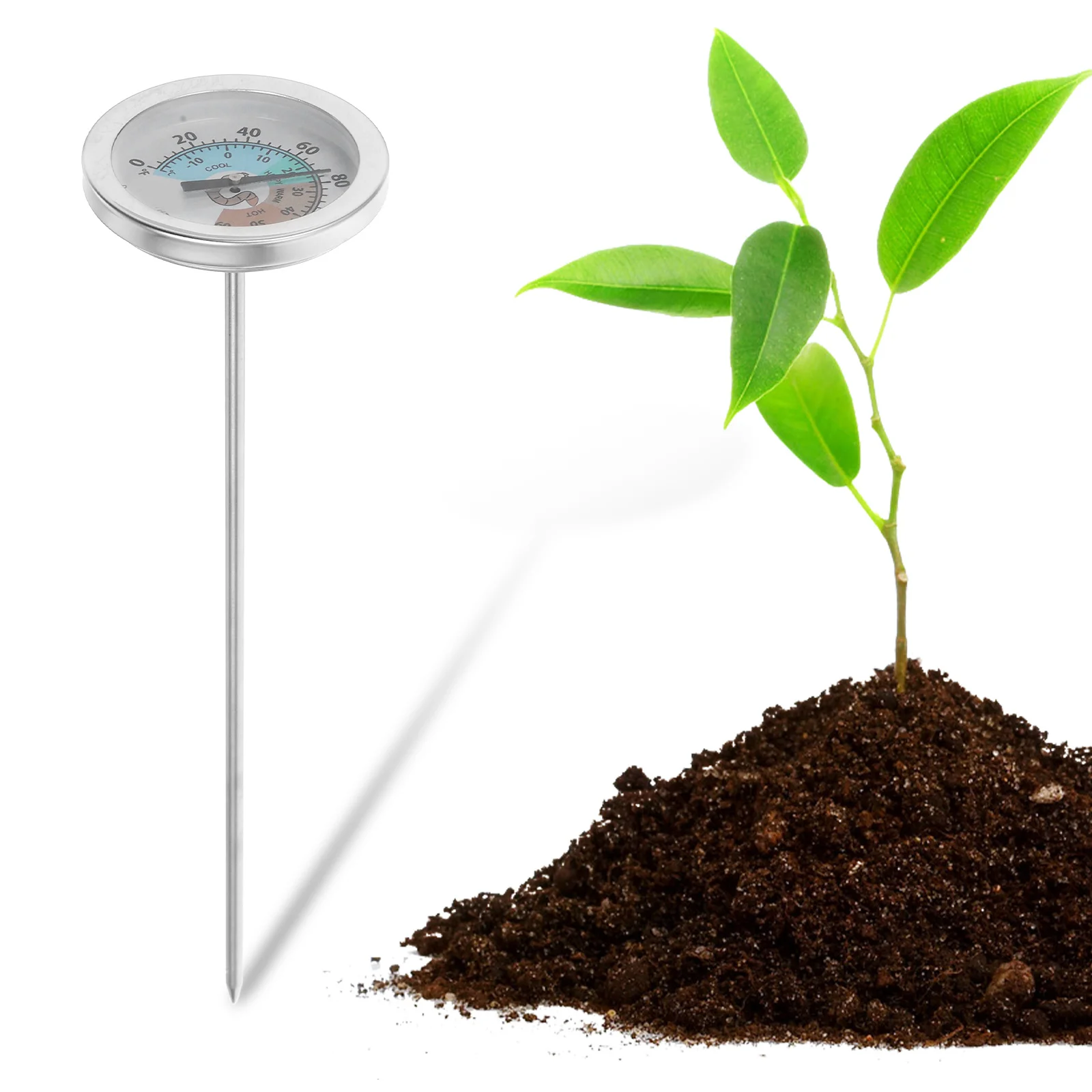 ميزان حرارة التربة من الفولاذ المقاوم للصدأ، نطاق درجة حرارة واسع متين، سهل الاستخدام، أداة البستنة الخارجية المحمولة باللون الفضي