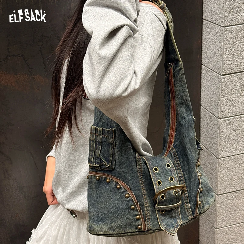 

ELFSACK Vintage Denim Hobo Bag with Buckle Studded Pocket Shoulder Bag for Women
