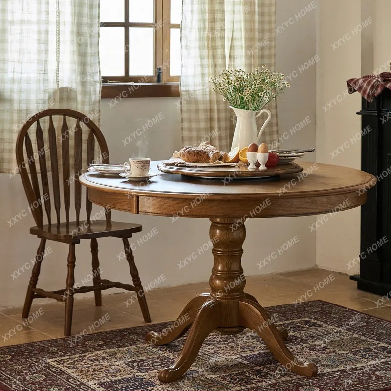 Country Solid Wood Frame Turntable Dining Table for Small Apartments and Home Vintage Round Tables for Dining Tables