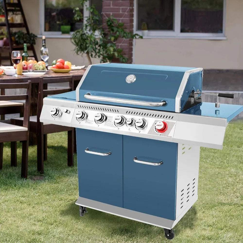 

BBQ Grills,5-Burner Grill Cabinet Style with Rotisserie Kit, Sear Burner, Rear Burner and Side Burner, Outdoors Large BBQ Grills