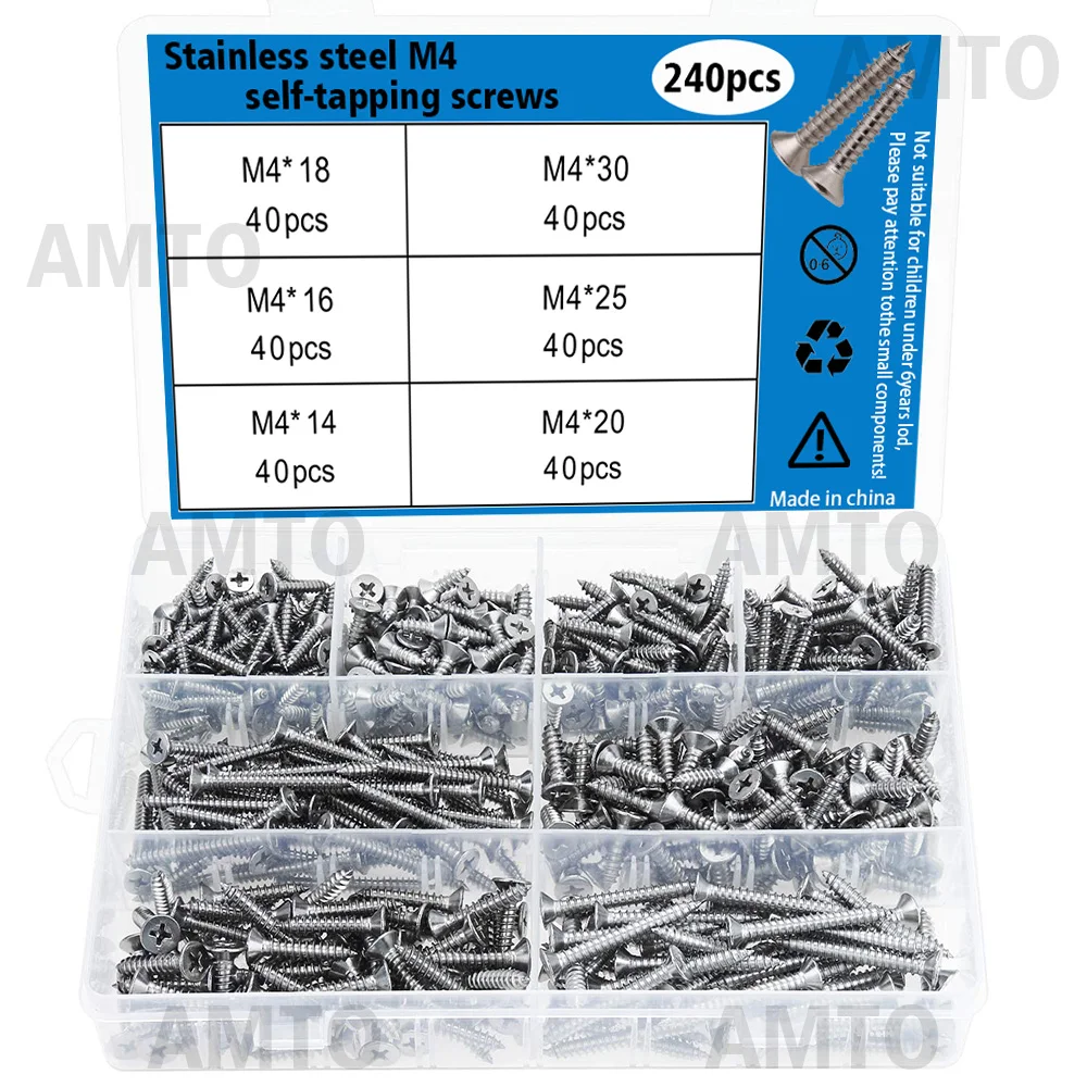 M4 Stainless Steel Self-Tapping Screws, 240 Pieces, 14mm, 16mm, 18mm, 20mm, 25mm, 30mm