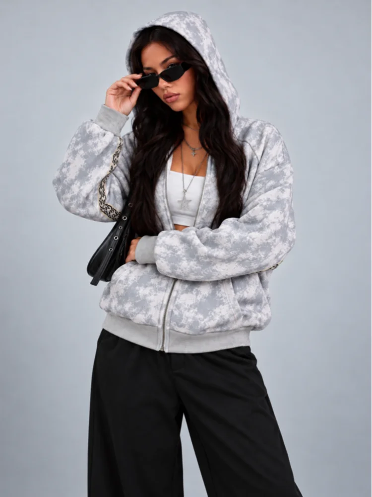 Y2K Women Washed Tie Dye Zip Hoodie Oversized Long Sleeve Letter Embroidery Pocket Loose Fit Streetwear Hip Hop Sweatshirt