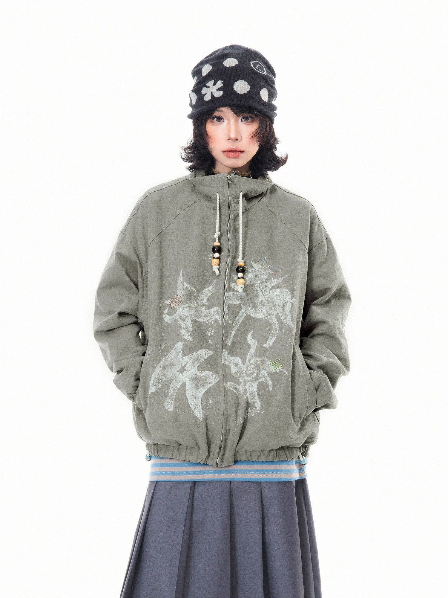 

Ретро-куртка в пасторальном стиле с принтом, воротником-стойкой, для работы, женская, свободного кроя, повседневная, весенняя, верхняя одежда из хлопка, с длинными рукавами, на молнии