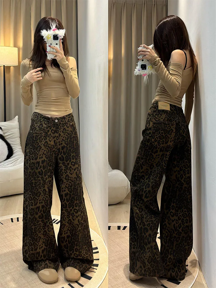 

Американские ретро леопардовые джинсы с высокой талией и широкими штанинами, женские зимние новые свободные тонкие прямые брюки длиной до пола, повседневные брюки