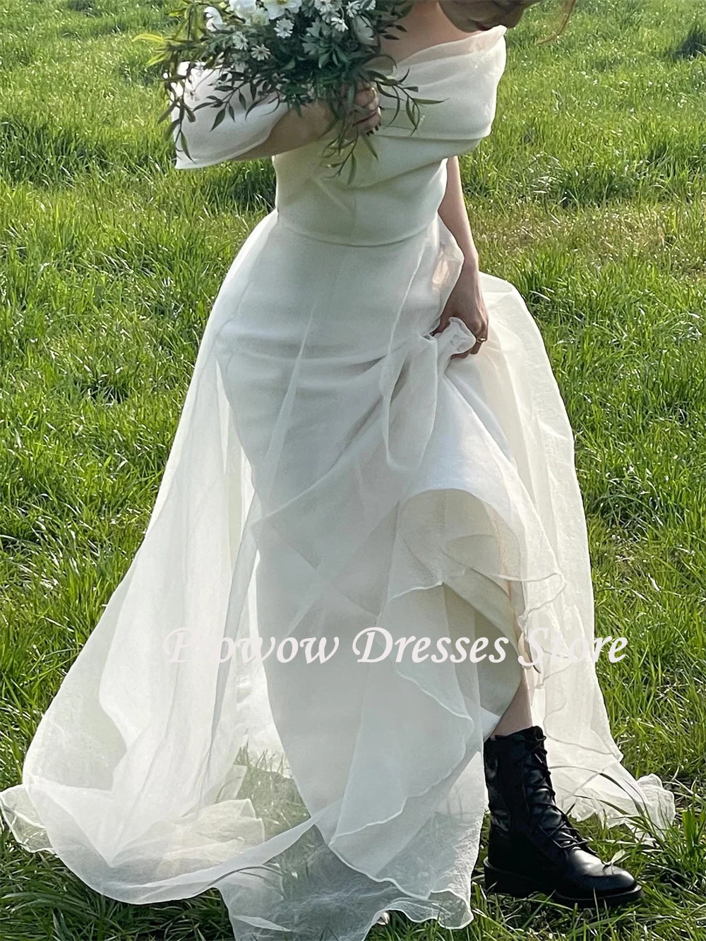 

Prowow Elegant A Line Organza Wedding Dresses Korea Photoshoot Pleats Floor Length Bridal Gowns Cape Sleeves Corset Customized