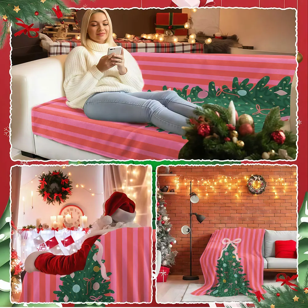 Red striped Christmas tree Winter Summer Flannel Blanket Throw Fleece Soft Fuzzy Plush Cozy Fleece Blankets for Sofa Ideal Gifts