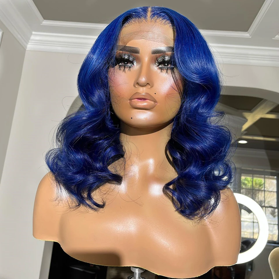 Carisma peruca dianteira do laço sintético curto bob corte peruca frontal pré arrancado linha fina cor azul peruca sem cola uso diário cosplay