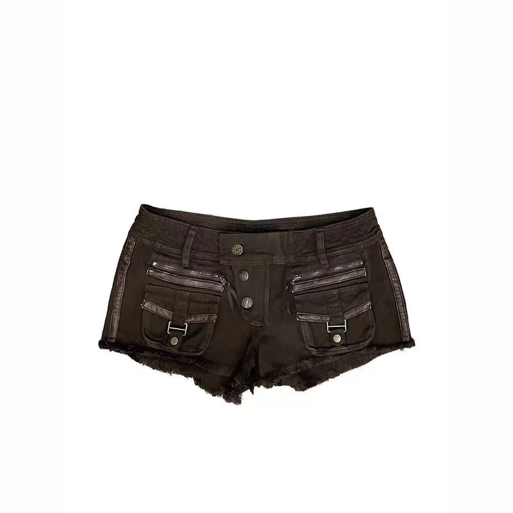 Gothic Dark Academia Y2k Shorts Women Gyaru Low Rise Denim Cargo Shorts 2000s Kpop Japanese Harajuku Cyber Punk Jean Hot Pants