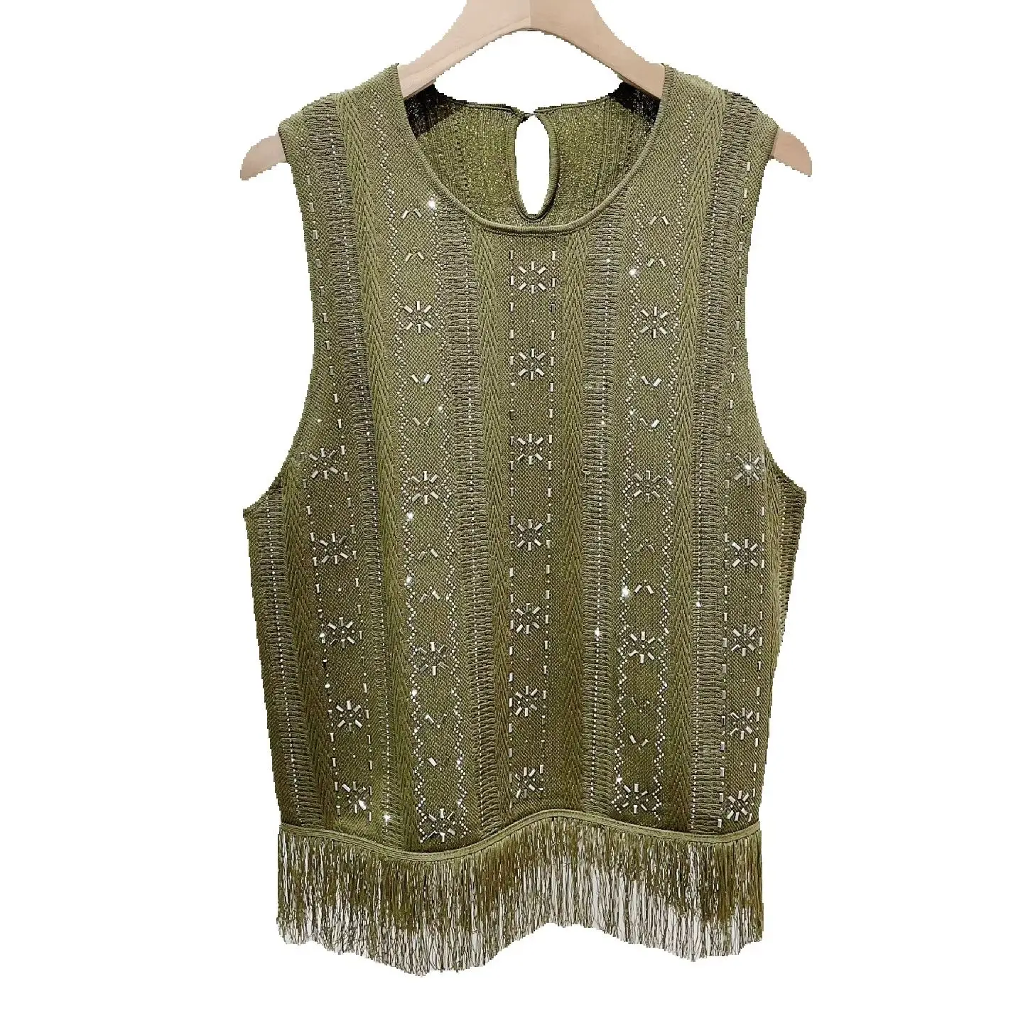 

Spring/Summer Women Rhinestone O-Neck Fringe Solid Knit Set Sleeveless Tassel Tank Top + High Waist A-line Fashion Midi Skirt