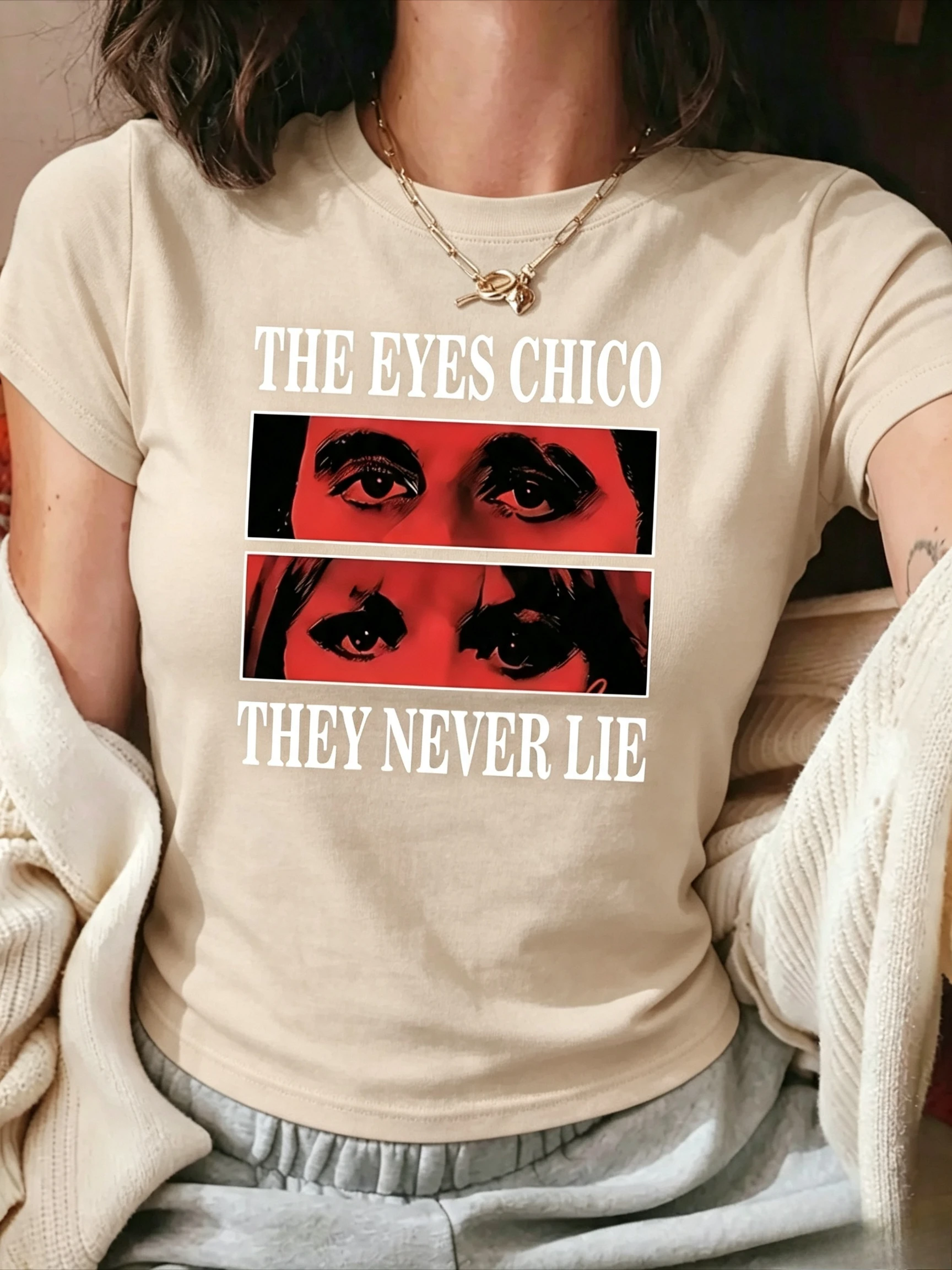 Women Loose Fit Cotton T-shirt Classic Movie Quote Eyes Art Print Retro Trend Daily Street Short Sleeve Tee Women'S Clothing