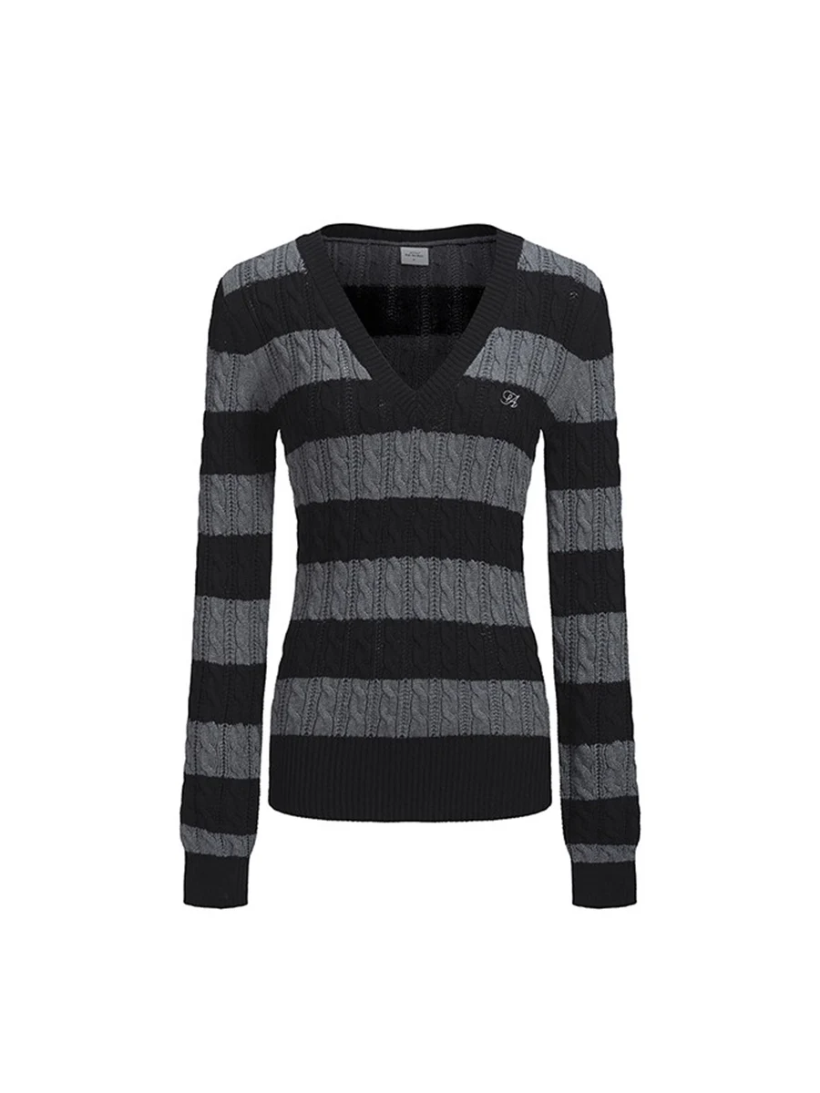 

Американский вязаный свитер с длинным рукавом и V-образным вырезом, женский, приталенный, в полоску, модный, универсальный, осенняя новинка