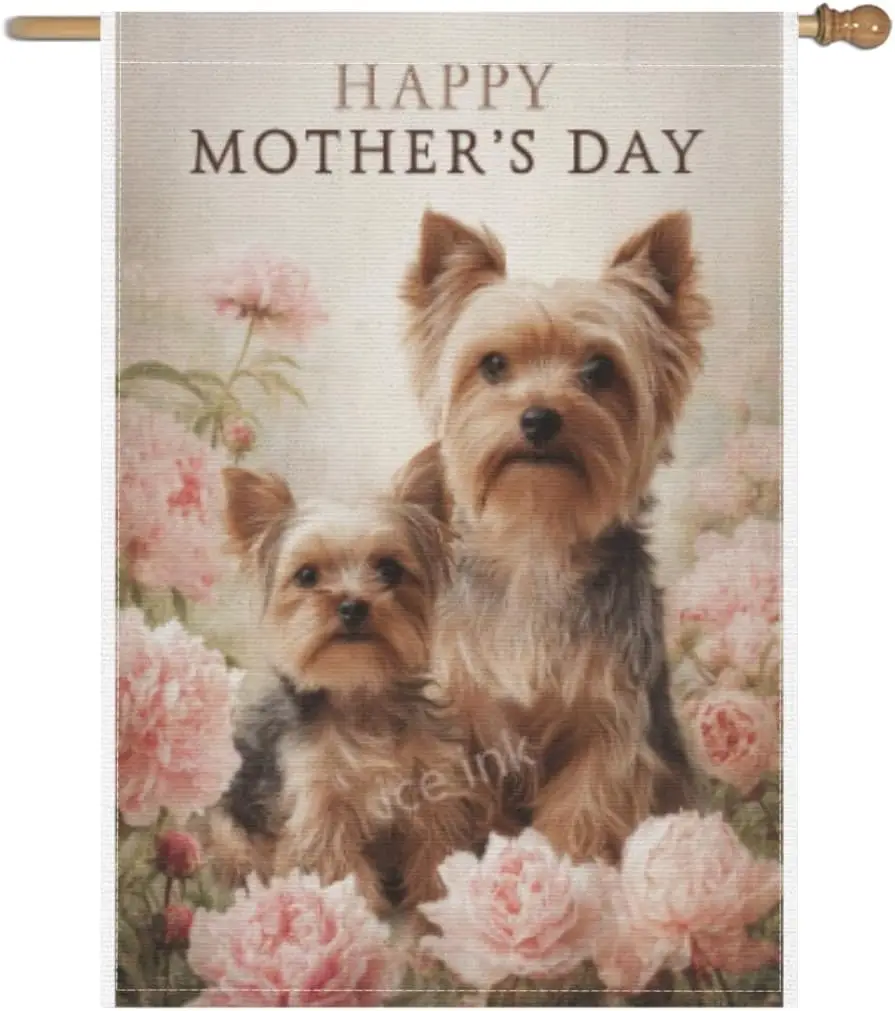 Ice ink Happy Mothers Day Yorkshire Terrier Floral Garden Flag Gift 28x40 Inch Linen Burlap Double Colorful Sided Yard Flag  PPM