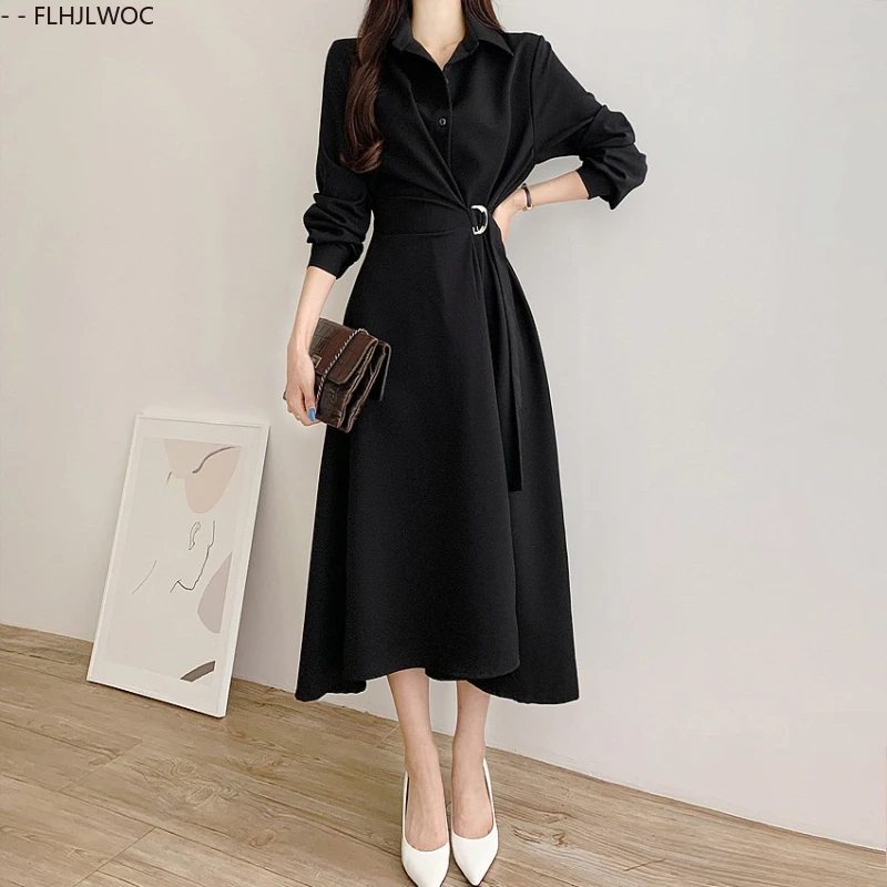 시크한 한국 의류 여성 기질 오피스룩 우아한 기본 무지 빈티지 레이스업 셔츠 드레스 여성스러운 베스티도스