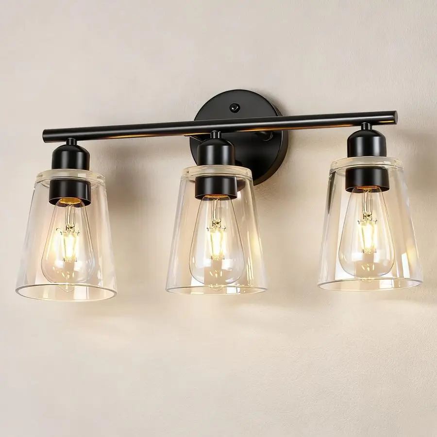 

19-дюймовые матовые черные светильники для ванной комнаты с утолщенным прозрачным коническим стеклянным абажуром, современный туалетный столик с 3 лампами над зеркалом для