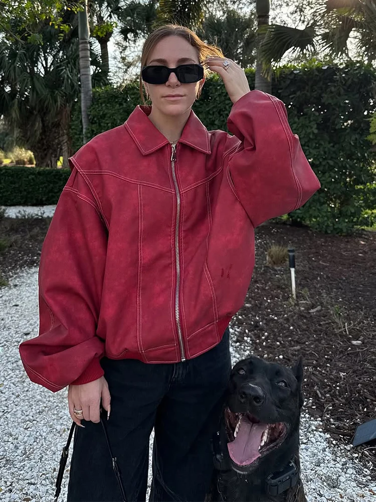 

Casual Red Zipper Lapel Women Leather Jacket Fashion Full Sleeve Pocket Loose Thin Coat Lady New Highstreet Commute Outerwear