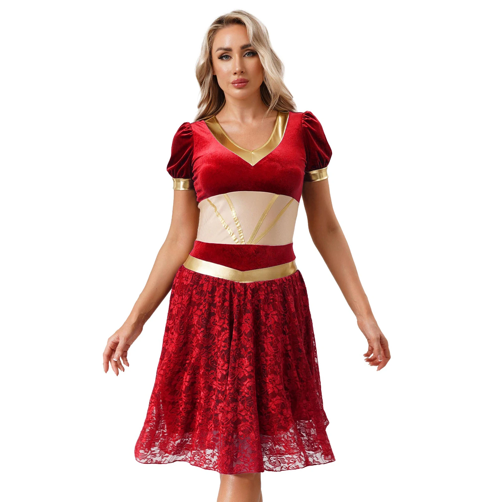 

Adults Women Arabian Florals Lace Performance Dance Dress Metallic Gloss Patchwork V-Neck Dress Dance Shows Performances Costume