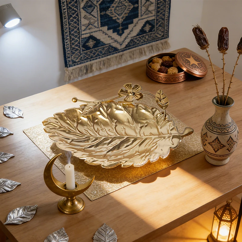 Eid Al-Fitr Golden Fruit Tray Creative Ramadan Metal Fruit Tray Dessert Serving Dish Reusable Metal Decorative Plate