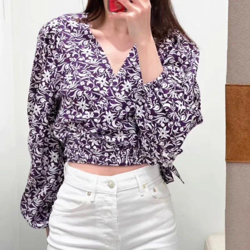 Cross Lace-up Women Short Blouse Floral Printed New 2024 Long Sleeve Female V-neck Shirt Spring Summer