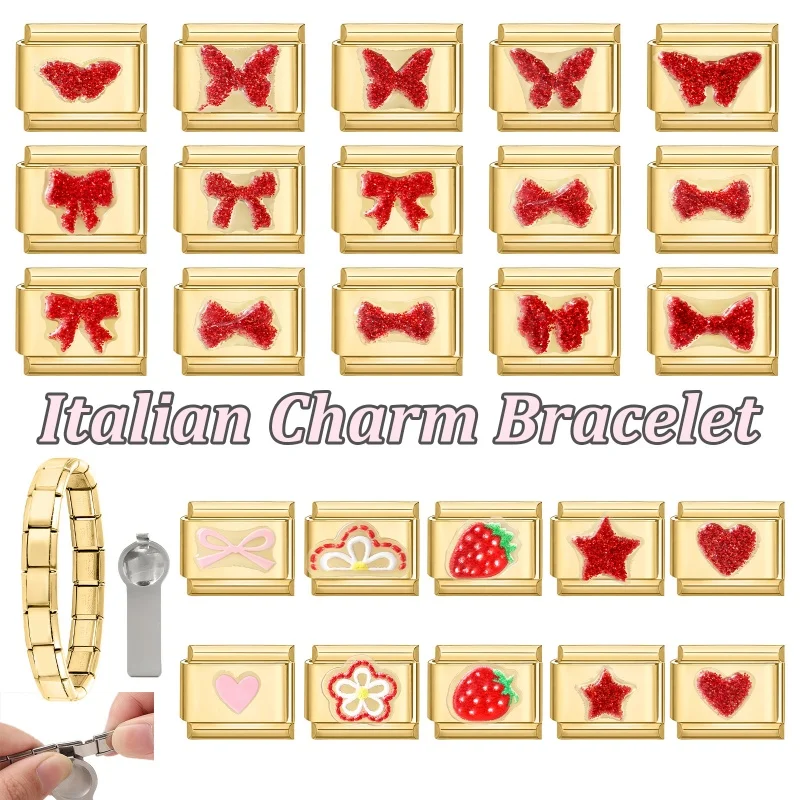 Y2k Bow Star Strawberry Sticker Italian Golden Charms Fit 9mm Stainless Steel Bracelets Women DIY Making Jewelry Gift Wholesale