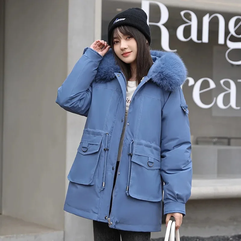 

2023 New Women Cotton Clothes Fashion Winter Female Mid Length Version Loose Outcoat Thicke Warm Fur Lining Hooded Parkas