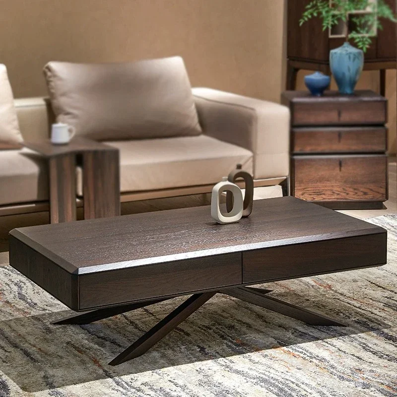 

Italian ash wood smoky color rectangular art coffee table light luxury high sense personalized storage living room short square