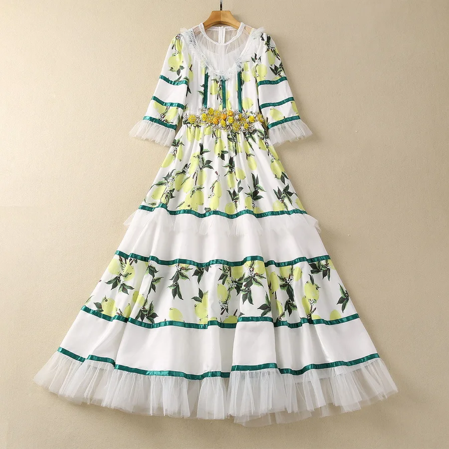 European and American women's clothes 2024 spring new Floral decoration seven-quarter sleeves Lemon print pleated dress XXL