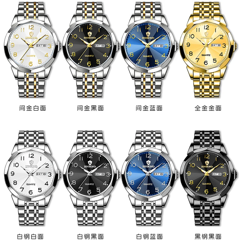 BINBOND ساعات رجالية فاخرة موضة أصلية كوارتز ساعة يد كبيرة أرقام عربية الهاتفي حزام الفولاذ المقاوم للصدأ مقاوم للماء Reloj