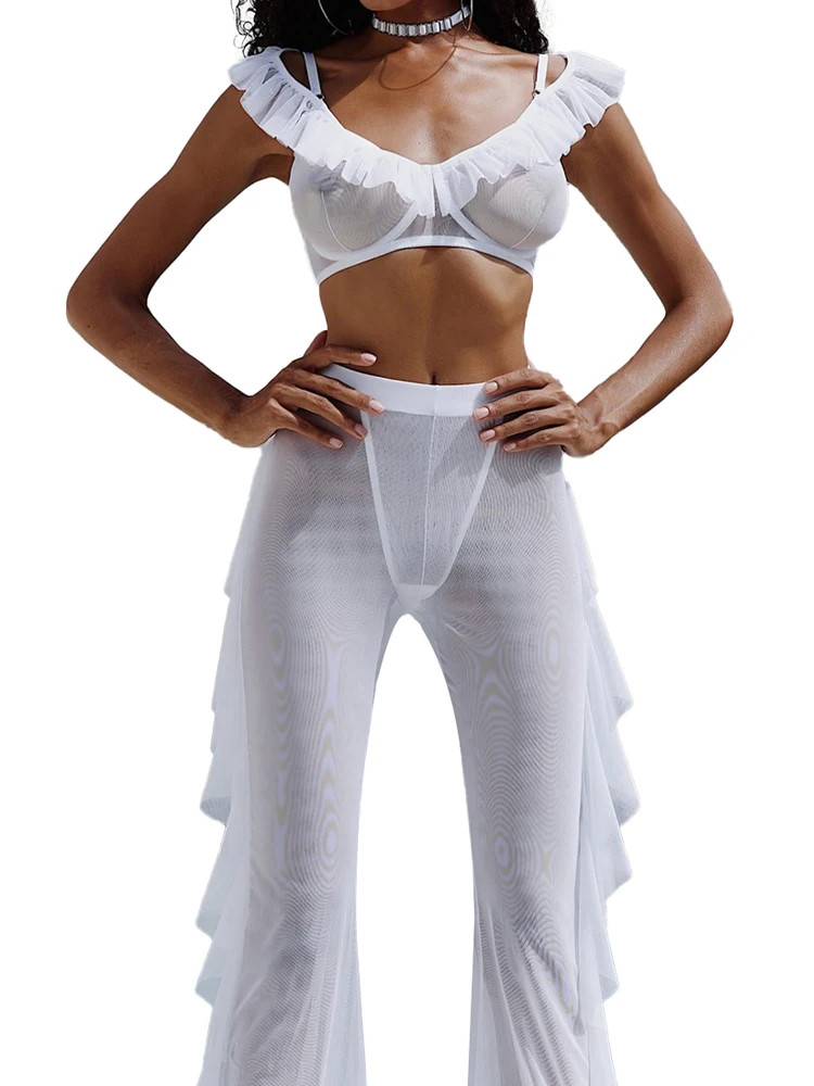 Fashion Sexy Sheer Mesh Ruffle Cutout Shapewear Female Solid Underwear Bodycon Women See Through Thin Lingerie Exotic Split Set