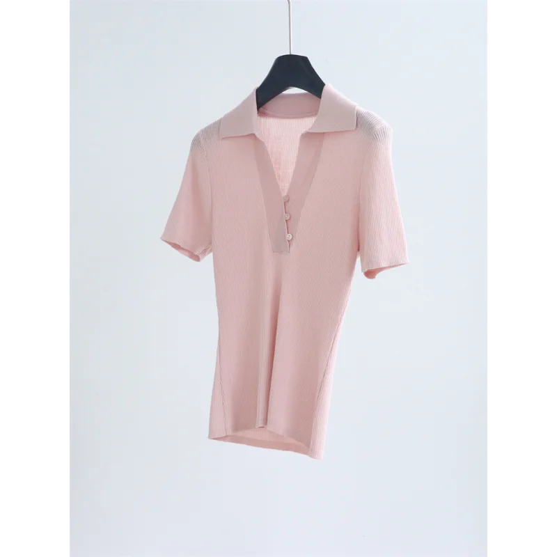 Summer V-neck Short-sleeved Clear Knit Top Women Simple Casual Basic Office Lady Black Pink Pullover T-shirt Summer
