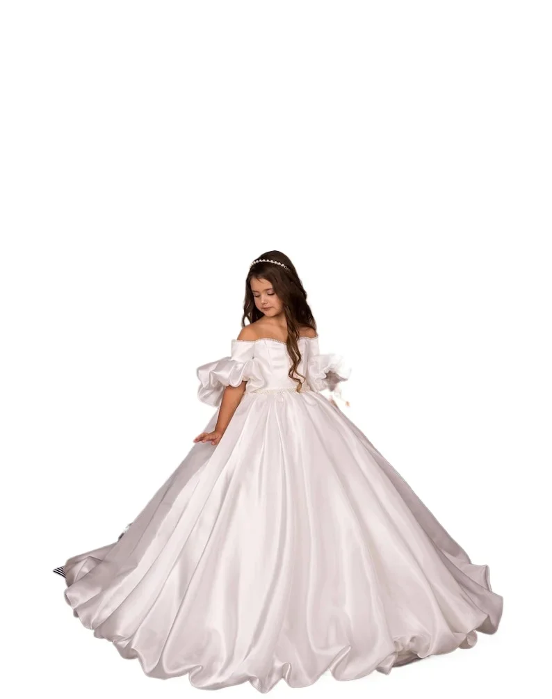 First Communion Gown Junior Bridesmaid Princess Gowns Custom Made Tulle Flower Lace Flower Girl Dress Ivory Flower Girl Dresses