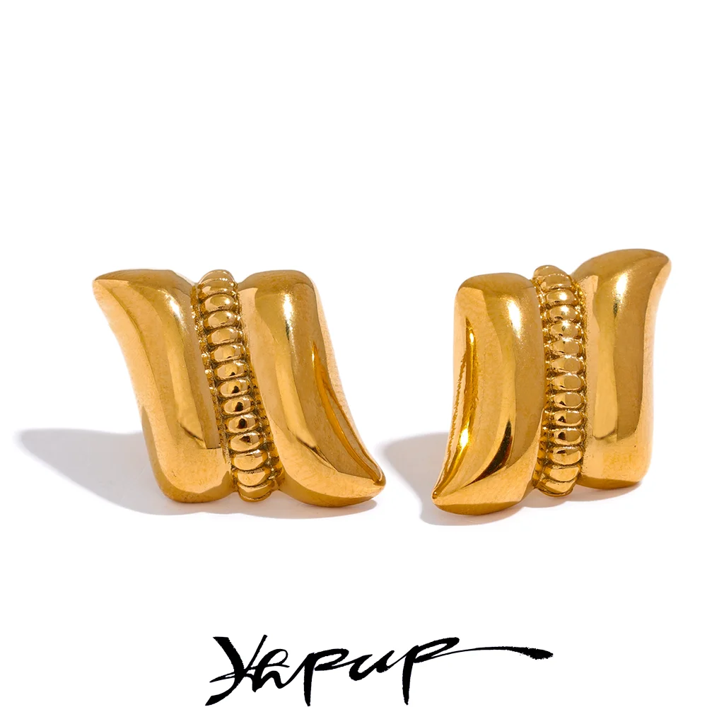 Yhpup 316L Stainless Steel Geometric Waterproof Stud Earrings Gold Color Texture Fashion Women Vintage Charm Jewelry Gala Gift